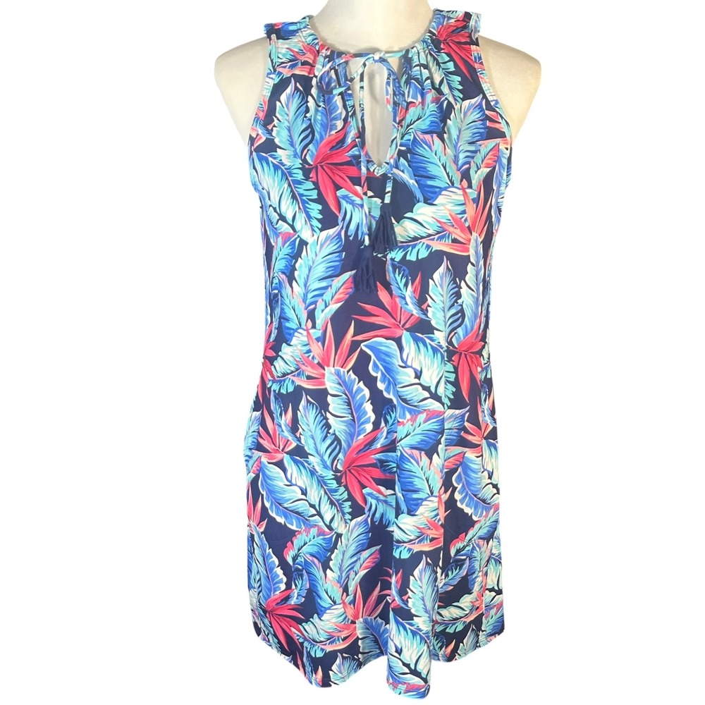 Tommy Bahama Shift Dress Womens S Blue Tropical Palm Tassel TSW50234C